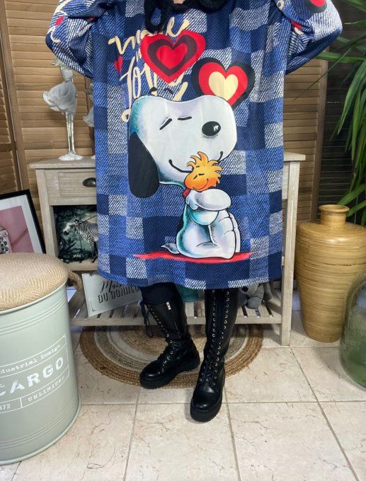 Sweat à capuche néoprène effet jeans carreaux Love Snoopy du 42 au 54 