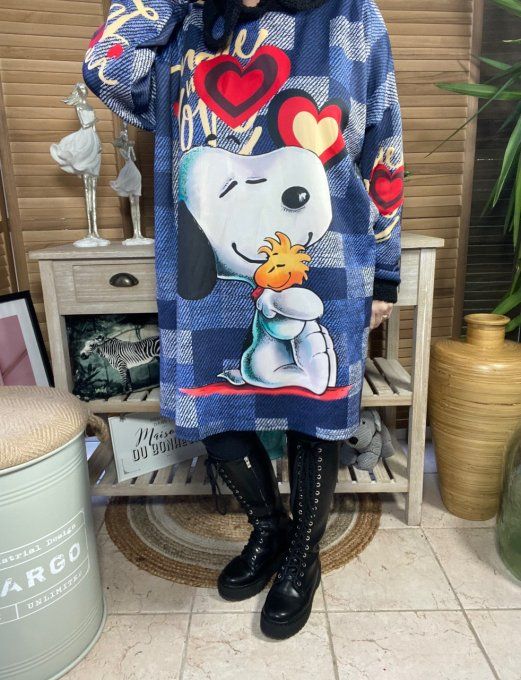 Sweat à capuche néoprène effet jeans carreaux Love Snoopy du 42 au 54 