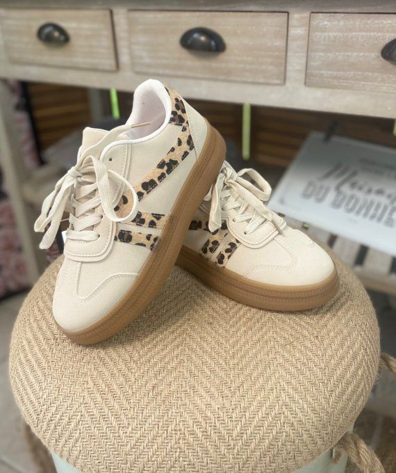 Baskets compensées à lacets suédine beige clair & Léopard confort ++++ du 38 au 41 