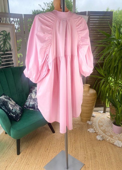 Robe chemise longue ample manches bouffantes rose layette dos fantaisie du 40 au 50 