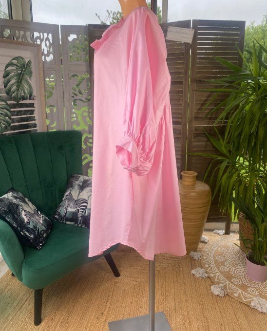 Robe chemise longue ample manches bouffantes rose layette dos fantaisie du 40 au 50 