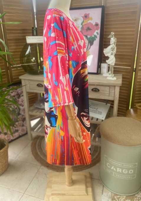 Robe trapèze ou tunique longue multicolore Audrey Hepburn Pop Art du 40 au 48 