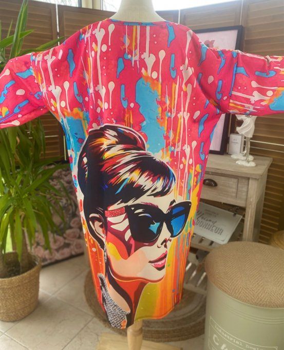 Robe trapèze ou tunique longue multicolore Audrey Hepburn Pop Art du 40 au 48 