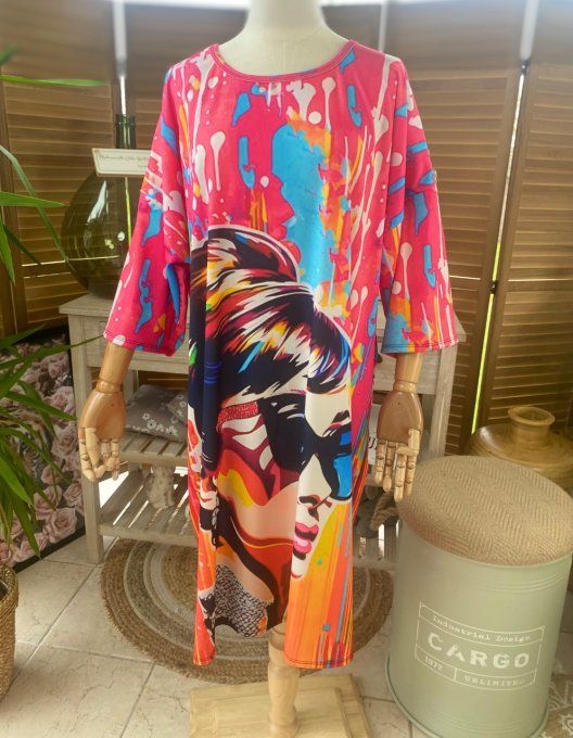 Robe trapèze ou tunique longue multicolore Audrey Hepburn Pop Art du 40 au 48 