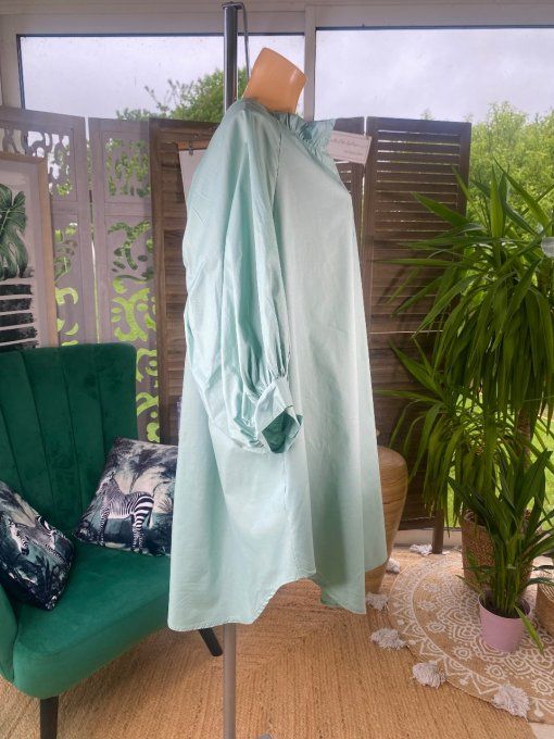 Robe chemise longue ample manches bouffantes vert pistache dos fantaisie du 40 au 50 