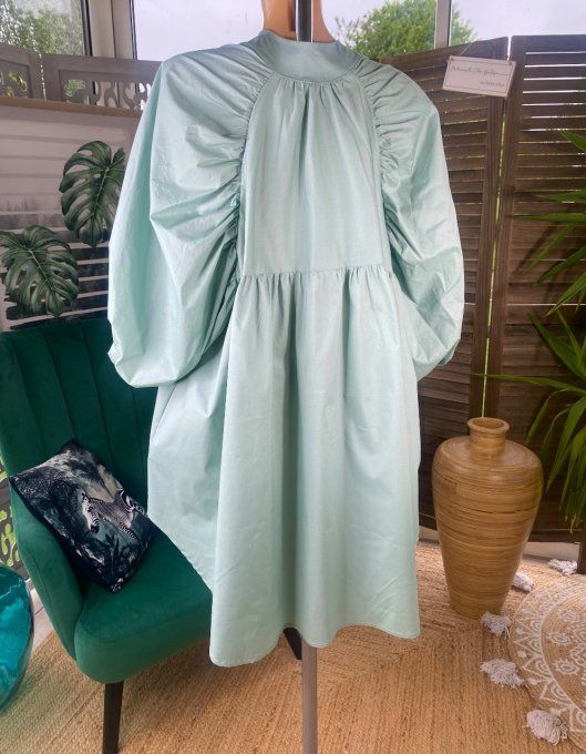 Robe chemise longue ample manches bouffantes vert pistache dos fantaisie du 40 au 50 