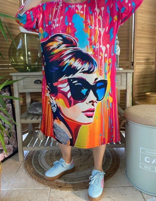 Robe trapèze ou tunique longue multicolore Audrey Hepburn Pop Art du 40 au 48 