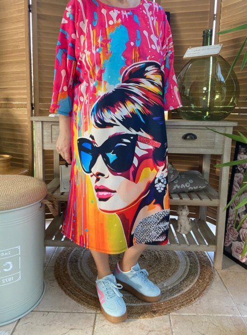 Robe trapèze ou tunique longue multicolore Audrey Hepburn Pop Art du 40 au 48 