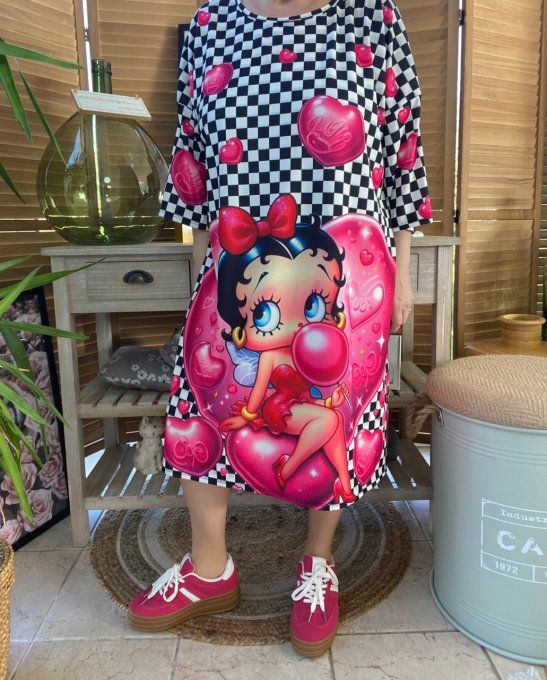 Robe trapèze ou tunique longue damier Betty Boop in Love du 40 au 48 