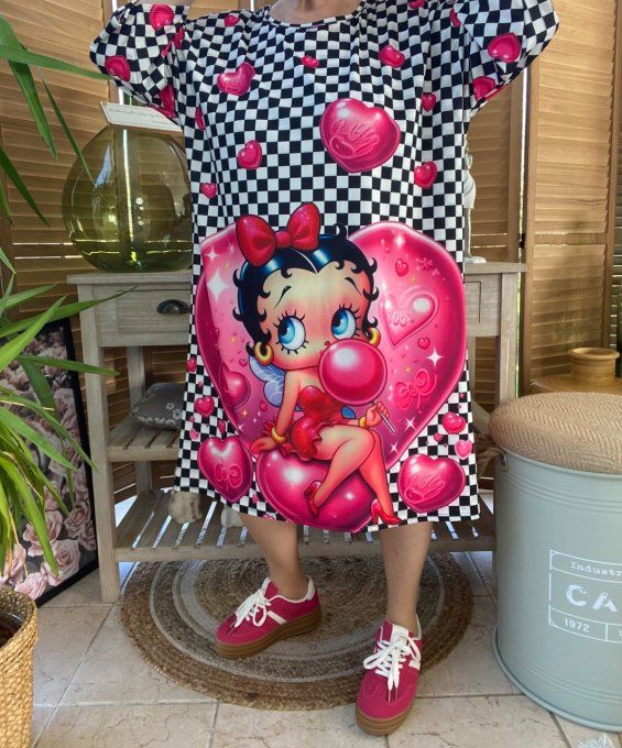 Robe trapèze ou tunique longue damier Betty Boop in Love du 40 au 48 