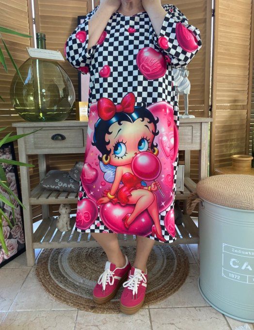 Robe trapèze ou tunique longue damier Betty Boop in Love du 40 au 48 