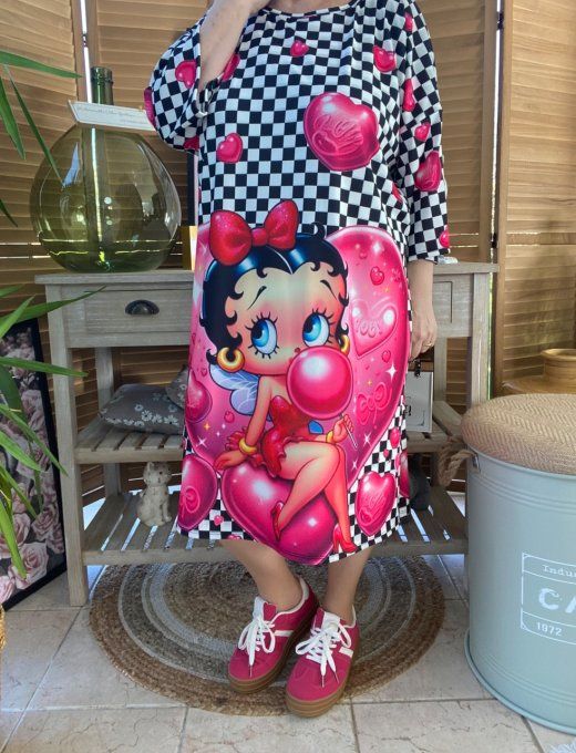 Robe trapèze ou tunique longue damier Betty Boop in Love du 40 au 48 