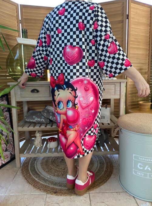 Robe trapèze ou tunique longue damier Betty Boop in Love du 40 au 48 