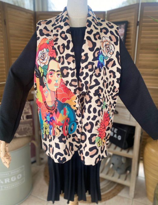 Gilet sans manches type barman Léopard Frida Kahlo aux fleurs du 42 au 50/52