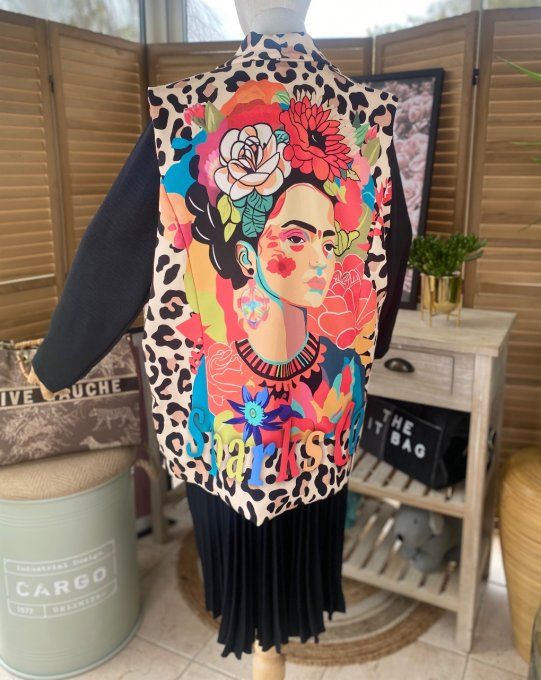 Gilet sans manches type barman Léopard Frida Kahlo aux fleurs du 42 au 50/52