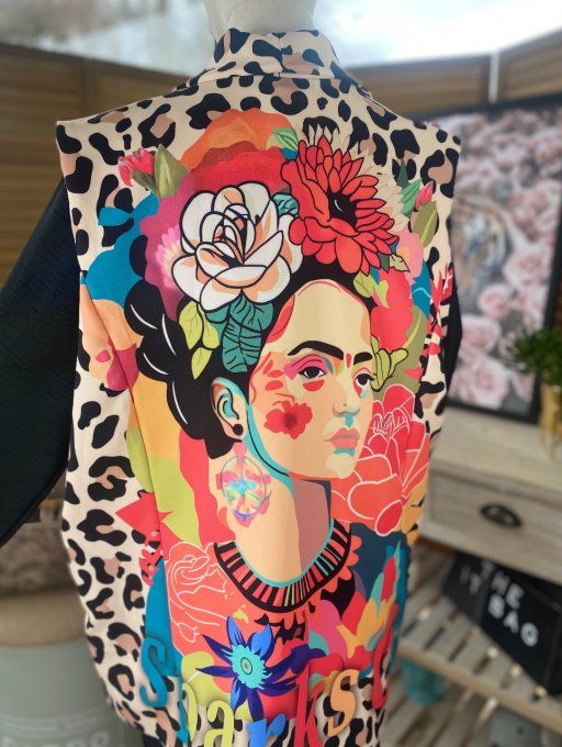 Gilet sans manches type barman Léopard Frida Kahlo aux fleurs du 42 au 50/52