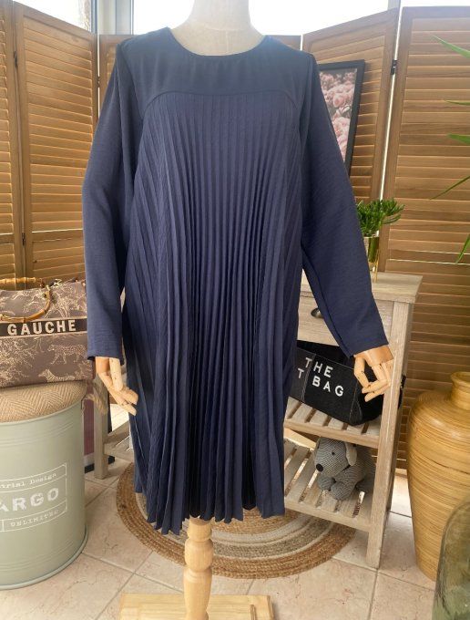 Robe ample plissée manches longues marine du 38 au 48