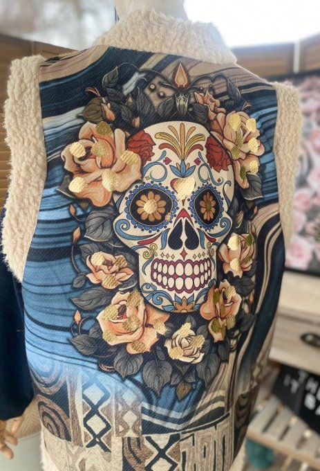 Gilet sans manches Sherpa Léopard Mexican Skulls Calavera du 40 au 50/52