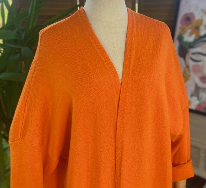 Gilet long sans laine ample orange étoile pailletée douceur ++++ du 38 au 50/52 