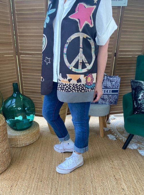 Gilet sans manches type barman noir long suédine  Peace & Love Flowers du 38 au 48/50