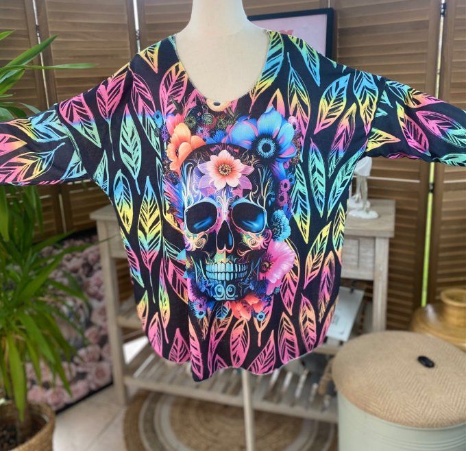 Top fin ample noir feuilles multicolores Mexican Skulls du 40 au 52 et même + 