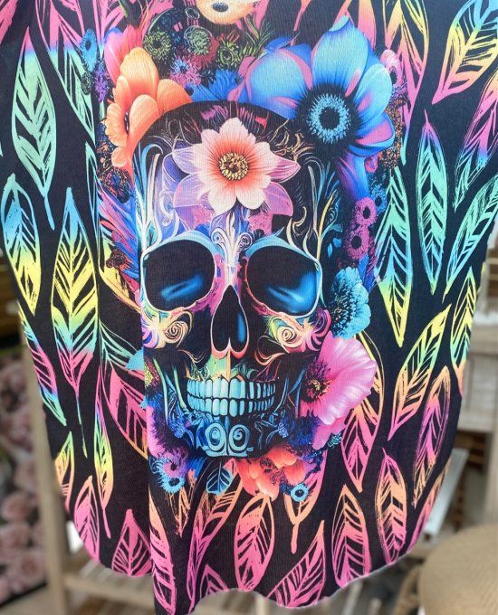 Top fin ample noir feuilles multicolores Mexican Skulls du 40 au 52 et même + 