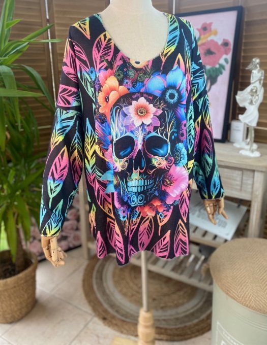 Top fin ample noir feuilles multicolores Mexican Skulls du 40 au 52 et même + 