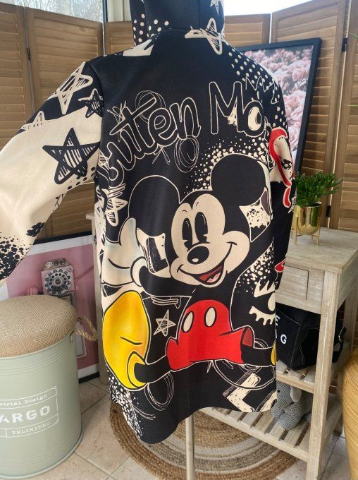 Veste à capuche mi-longue suédine noire & crème étoiles Mickey Mouse du 34 au 44