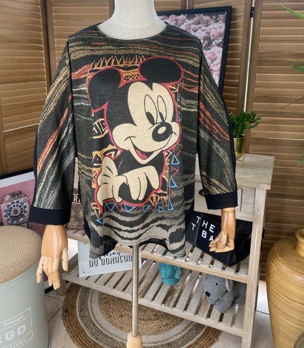 Top ample noir Lurex doré or Mickey Mouse rétro du 38 au 46/48