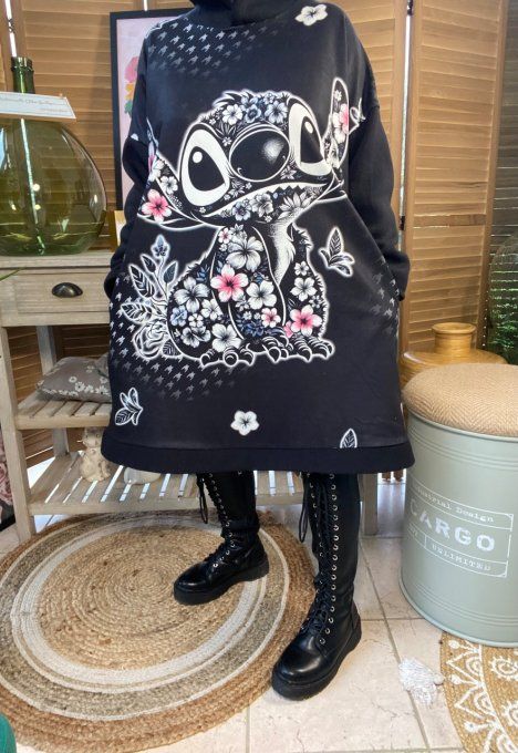 Sweat à capuche long ou robe sweat noir Stitch fleuri du 40 au 52  