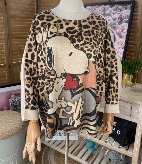 Top ample Léopard Lurex doré or Love Snoopy du 38 au 46/48