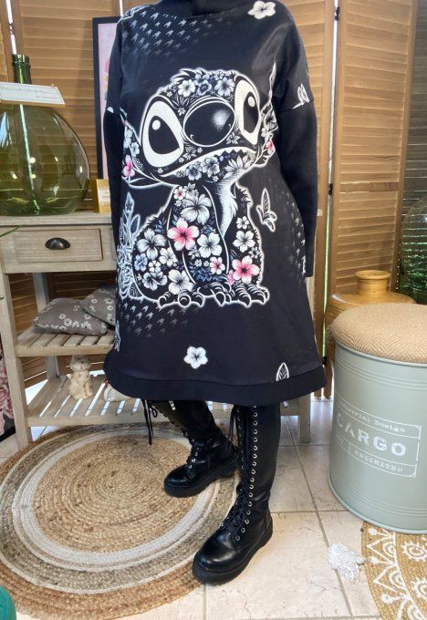 Sweat à capuche long ou robe sweat noir Stitch fleuri du 40 au 52  