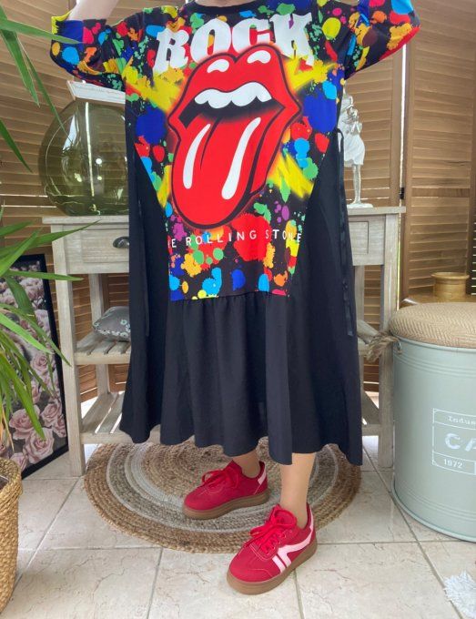 Robe trapèze longue ample noire taille ajustable Rolling Stones Rock du 38 au 50 