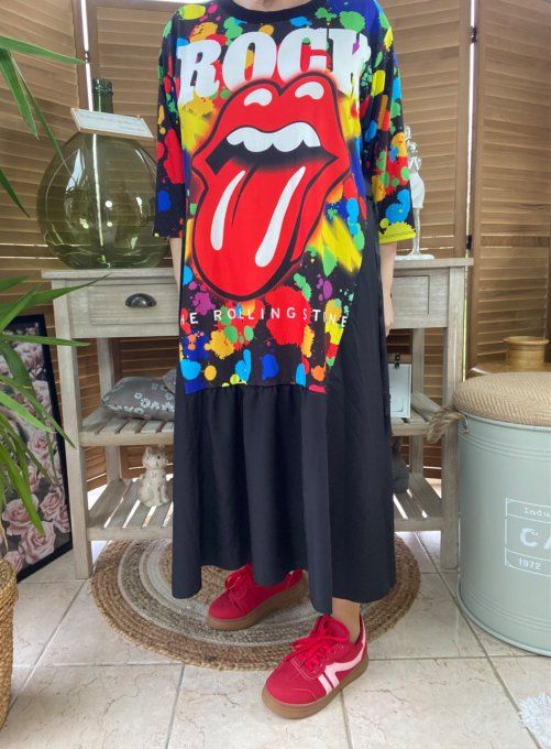 Robe trapèze longue ample noire taille ajustable Rolling Stones Rock du 38 au 50 