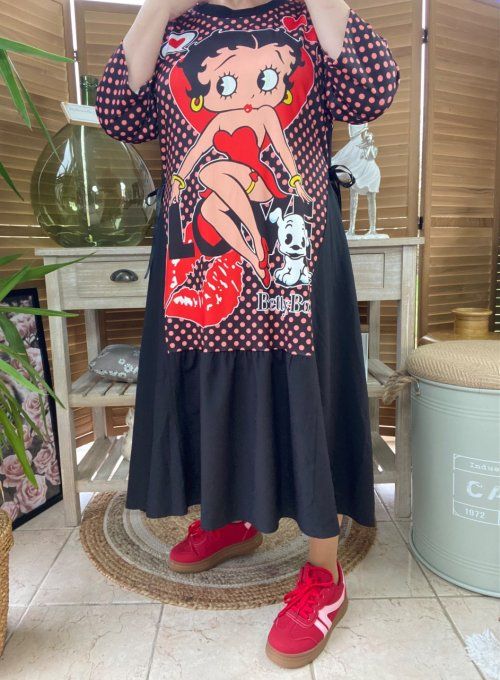 Robe trapèze longue ample noire taille ajustable Betty Boop du 38 au 50  