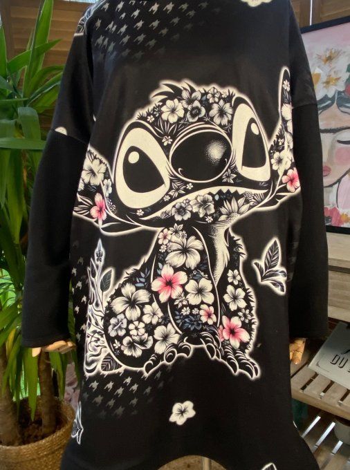 Sweat à capuche long ou robe sweat noir Stitch fleuri du 40 au 52  