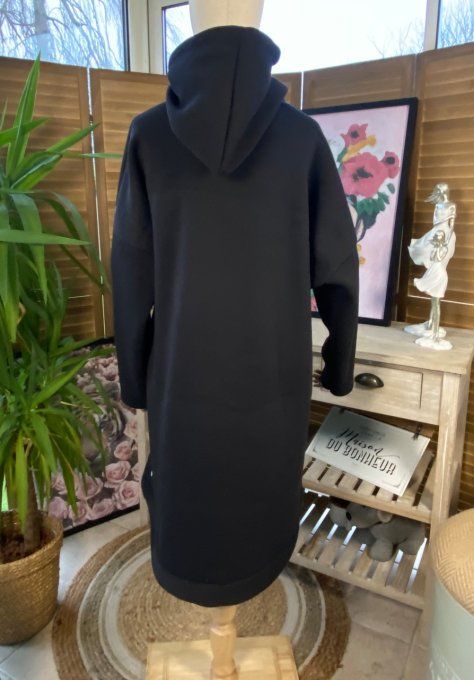 Sweat à capuche long ou robe sweat noir Stitch fleuri du 40 au 52  