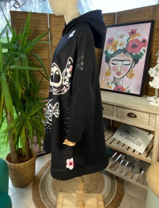 Sweat à capuche long ou robe sweat noir Stitch fleuri du 40 au 52  