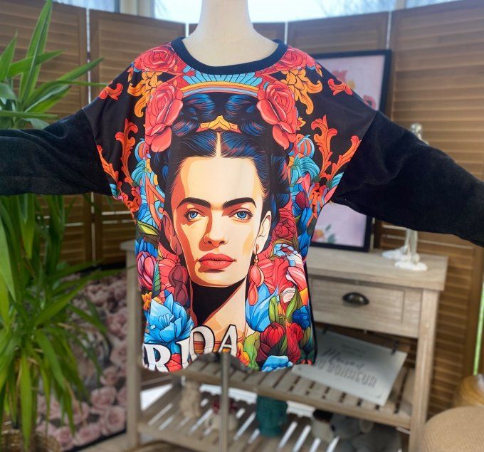 Sweat manches longues satiné et velours noir Viva Frida Kahlo du 40 au 50 