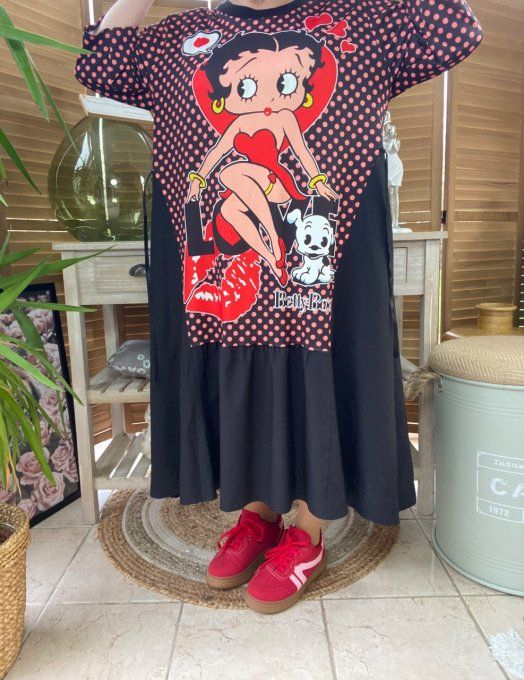 Robe trapèze longue ample noire taille ajustable Betty Boop du 38 au 50  