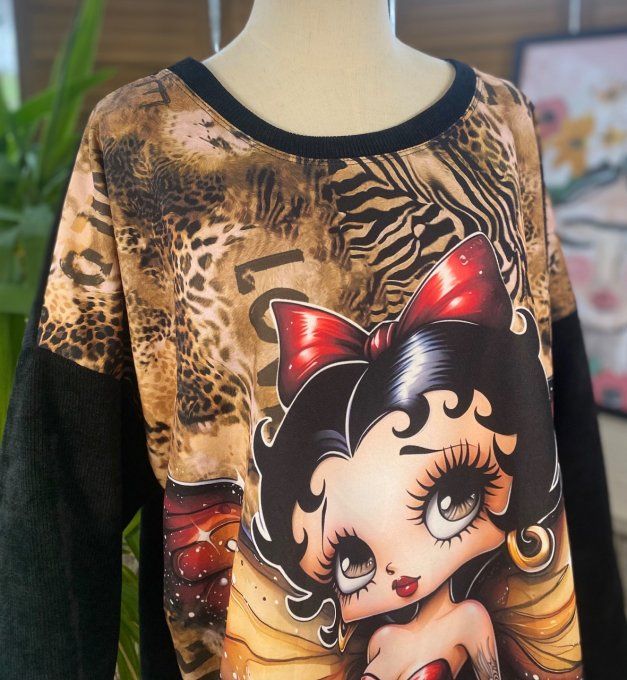 Sweat manches longues satiné et velours noir Betty Boop Fée Papillon  du 40 au 50 