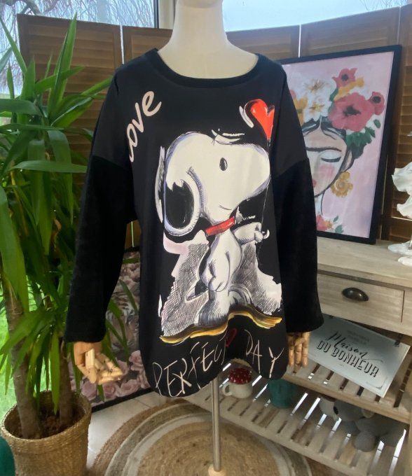 Sweat manches longues satiné et velours noir Love Snoopy du 40 au 50