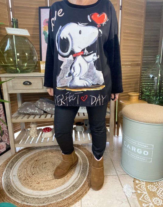 Sweat manches longues satiné et velours noir Love Snoopy du 40 au 50