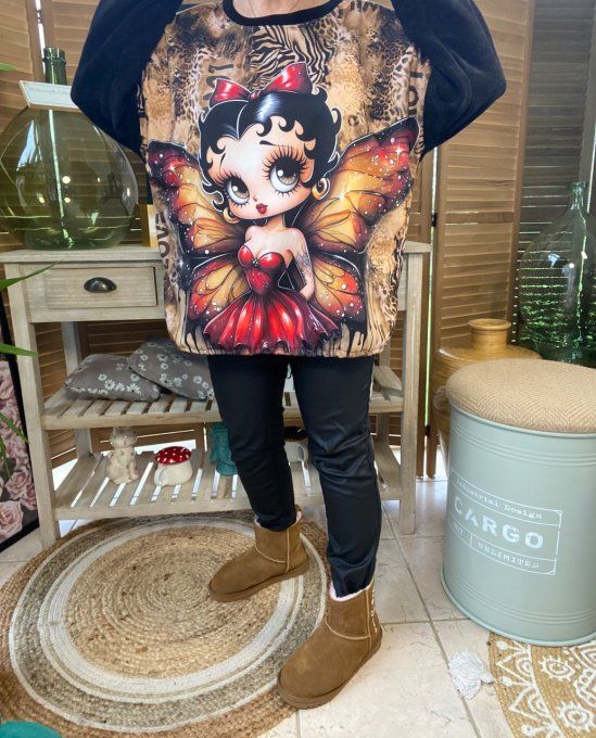 Sweat manches longues satiné et velours noir Betty Boop Fée Papillon  du 40 au 50 