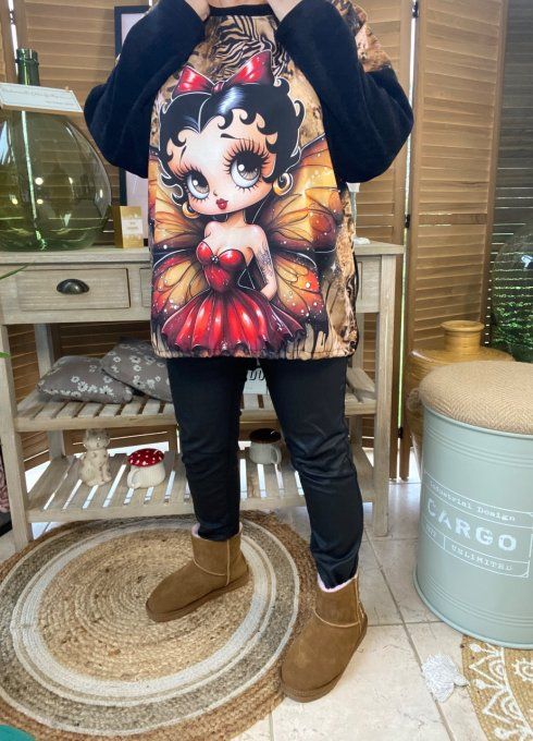 Sweat manches longues satiné et velours noir Betty Boop Fée Papillon  du 40 au 50 