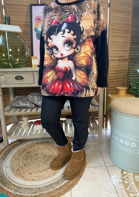 Sweat manches longues satiné et velours noir Betty Boop Fée Papillon  du 40 au 50 