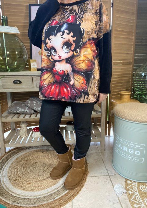 Sweat manches longues satiné et velours noir Betty Boop Fée Papillon  du 40 au 50 