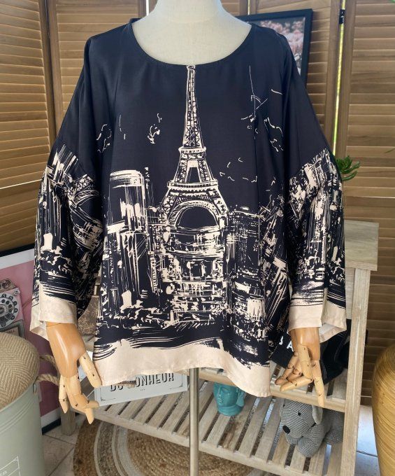 Blouse ample satinée noire et crème Paris Tour Eiffel du 42 au 52