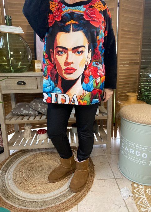 Sweat manches longues satiné et velours noir Viva Frida Kahlo du 40 au 50 