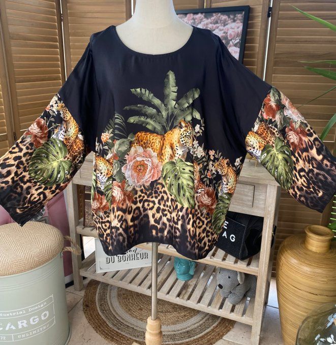 Blouse ample satinée noire Tropical Chic Jungle du 42 au 52